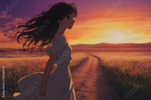 Obraz Young anime girl stands alone on a dirt path during sunset, surrounded by golden fields and a vibrant sky filled with colors. Generative AI