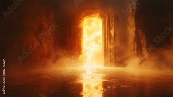 Fototapeta Open door reveals a fiery glow in a dark, misty environment during an eerie twilight hour