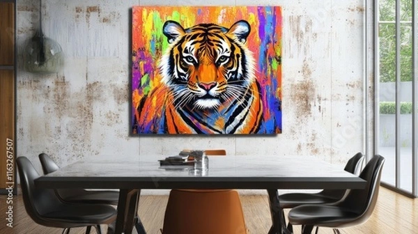 Fototapeta A vibrant tiger painting adorns a modern dining area with a stylish table and chairs.