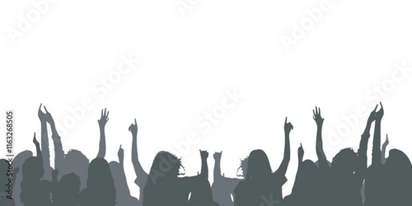 Fototapeta Crowd silhouette of the audience in the middle of the concert, capturing the moment with raised hands and mobile phones in hand. for music concert background, event and festive party