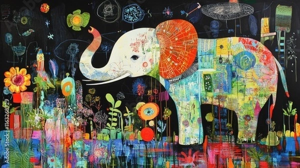 Fototapeta A vibrant, colorful elephant surrounded by flowers and abstract designs against a dark background.