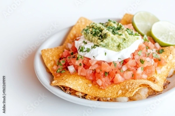 Fototapeta Vibrant Nachos with Guacamole and Salsa Under Soft Lighting