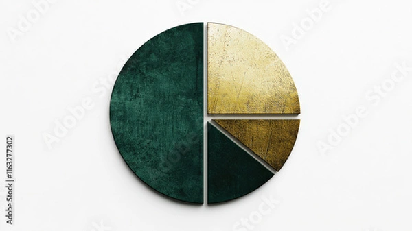 Fototapeta A circular infographic in green and gold, with metallic-textured pie chart segments on a textured white background. The elegant design highlights data insights with a sleek, professional aesthetic.