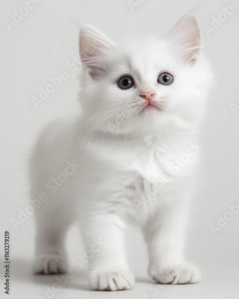 Fototapeta A fluffy white kitten stands upright, looking curiously at the viewer with bright blue eyes and a soft coat, creating an adorable and inviting scene.