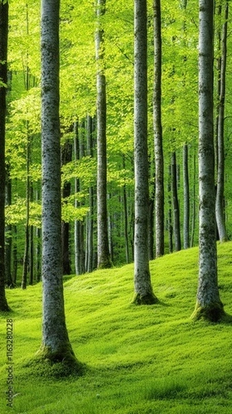 Fototapeta A serene forest scene featuring tall trees with vibrant green leaves and lush moss-covered ground, creating a tranquil and refreshing atmosphere.