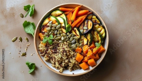 Fototapeta Low FODMAP Grilled Vegetable Bowl with Quinoa and Pumpkin Seed Garnish for Healthy Eating
