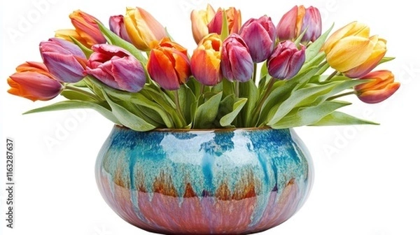Fototapeta A vibrant spring bouquet of pink tulips with lush green leaves arranged in a vase, showcasing the beauty of nature's colorful blossoms