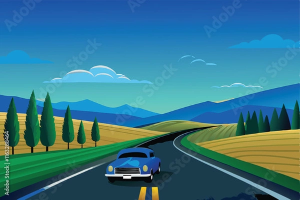 Fototapeta Create a vibrant vector illustration of a scenic highway road trip, emphasizing a captivating landscape with curving road.
