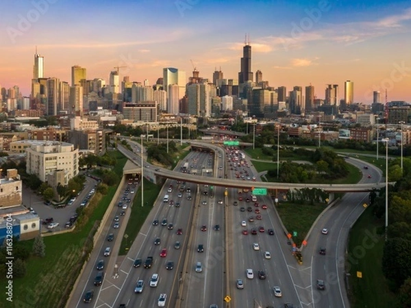 Fototapeta Chicago's highway system at sunset, showing heavy traffic flow and city skyline. Vehicles navigate the complex highway network. Interstate 90, Chicago, Illinois, United States