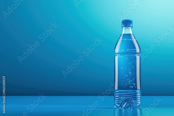 Fototapeta Clear bottle of water with bubbles against a blue background on a bright day