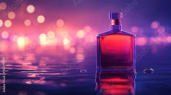 Obraz A luxurious liquor bottle with a polished red surface and soft purple glow, floating on calm water; motion-blurred droplets create a vivid, elegant scene.