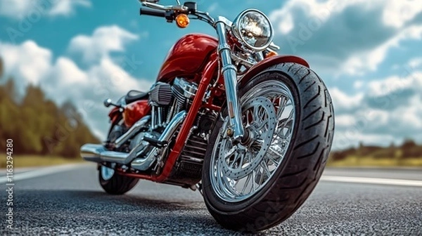 Fototapeta Beautiful view of snow mountains with road and sky clouds. Motorcycle background
