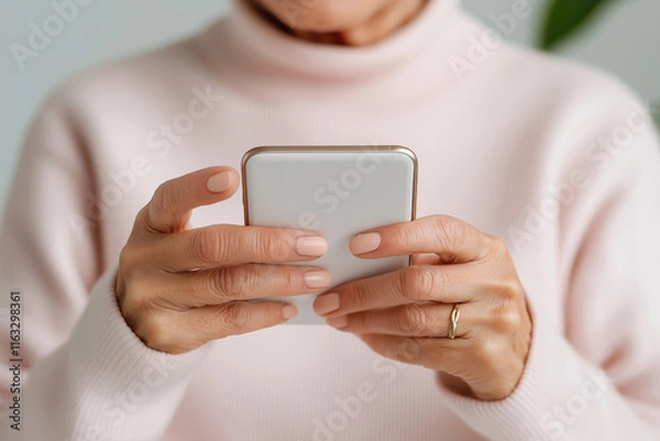Fototapeta Woman holding smartphone and interacting with mobile app in cozy indoor setting