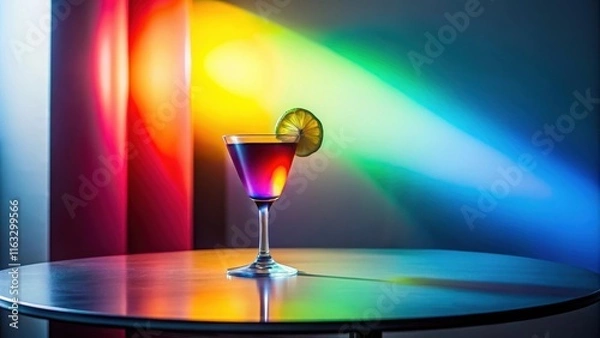 Fototapeta A vibrant cocktail garnished with citrus, illuminated by colorful light beams on a reflective surface