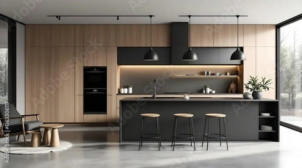 Fototapeta Modern Minimalist Kitchen with Wooden Cabinets, Dark Island, and Three Stools, Viewed from a Corner