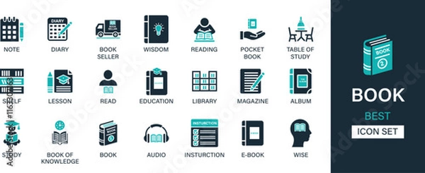 Fototapeta BOOK icon set collection. Note, diary, book seller, wisdom, reading, pocket book, shelf, lesson, read, education, library, magazine and best solid icon set. 