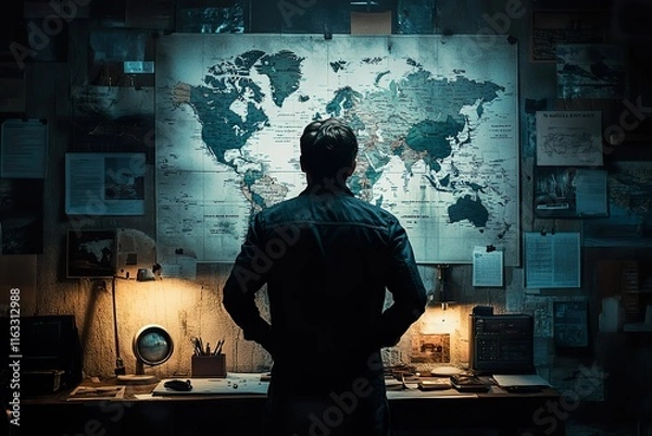 Fototapeta Man Studying a World Map in a Dark Room