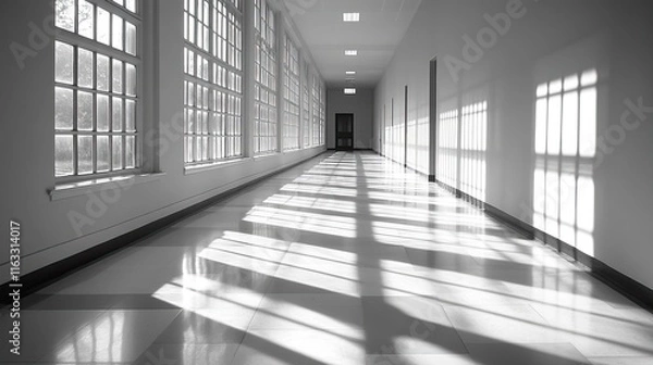 Fototapeta Empty white hallway with large windows casting shadows.