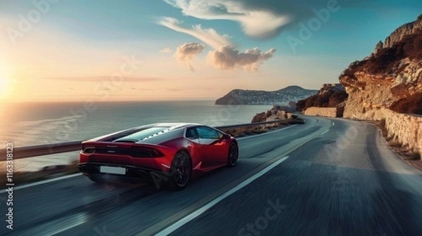 Fototapeta Red sports car driving on a beach road in a sunny day, AI generated image