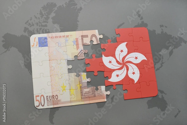 Fototapeta puzzle with the national flag of hong kong and euro banknote on a world map background.