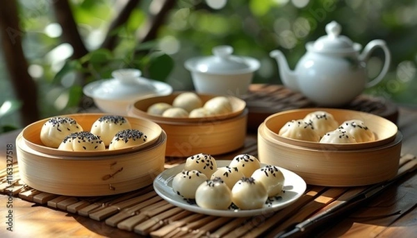 Fototapeta Authentic Chinese Dim Sum Feast with Jasmine Tea and Steamed Buns in Natural Setting