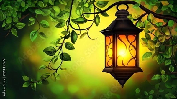 Fototapeta Lantern Surrounded by Lush Greenery and Soft Glow