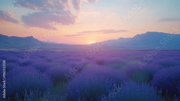 Fototapeta Lavender Field at Sunset: A peaceful lavender field at dusk, with majestic mountains in the distance, evoking tranquility and natural beauty--ideal for relaxation and travel inspiration