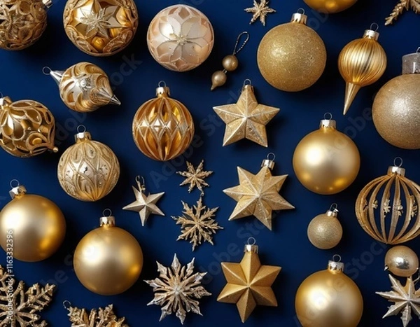 Fototapeta A close-up of gold Christmas ornaments arranged in a row against a dark blue background
