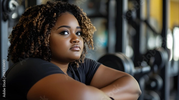Obraz Plus size black woman taking a break contemplating in a gym eye-catching 