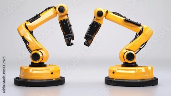 Fototapeta Two Industrial Robotic Arms in Yellow Color Space with High-Tech Design, Ready for Automation Tasks, Symbolizing Advanced Technology and Modern Manufacturing Solutions