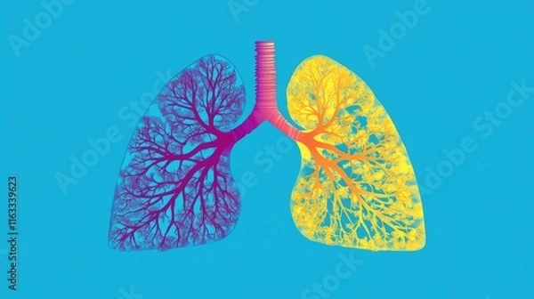 Fototapeta An artistic representation of the human lungs, showing the bronchial tree and alveoli in vivid colors, placed against a serene blue background