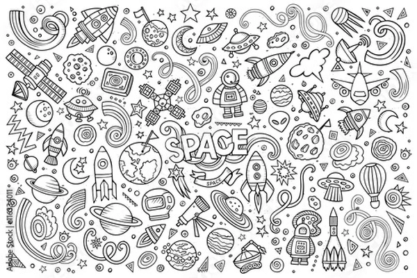 Fototapeta Szkicowy wektor ręcznie rysowane doodles kreskówka zestaw obiektów kosmicznych