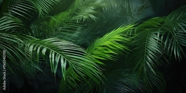 Fototapeta Close-Up View of Lush Green Palm Leaves Displaying Intricate Patterns and Vibrant Textures in a Serene Natural Setting