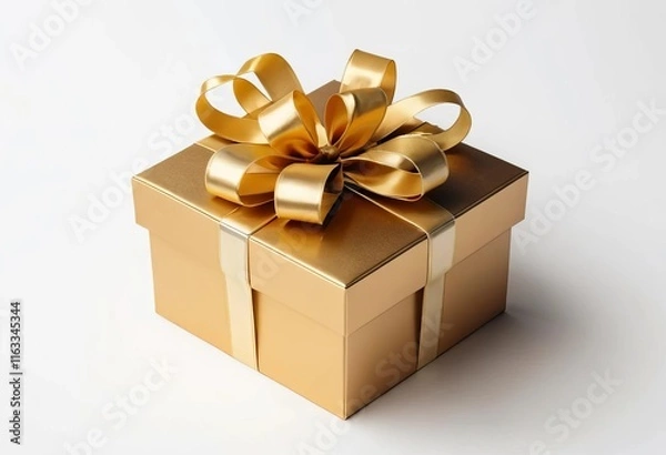 Fototapeta A golden gift box with a shiny ribbon on top