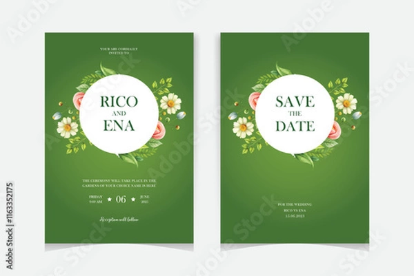 Fototapeta Set of elegant watercolor wedding invitation card template with greenery florals