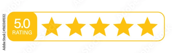 Fototapeta 5 star icon. symbol of customers rating for product or service. yellow five star sign with text for app, website, ui design element. transparent png and vector illustration.