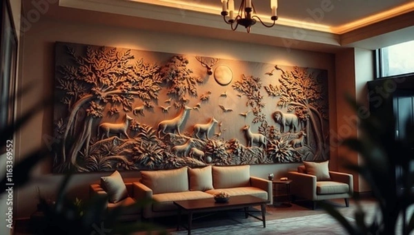 Fototapeta A warm and inviting interior space featuring a stunning bas-relief panel installed on an entire wall, depicting a serene natural scene