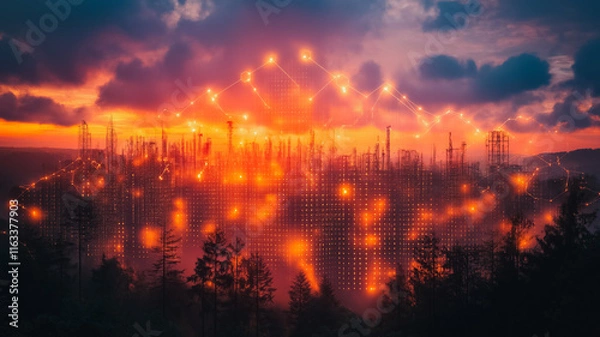 Obraz A cityscape with a bright orange sky and a lot of lights. The lights are scattered all over the city, creating a sense of chaos and confusion. Scene is one of excitement and energy