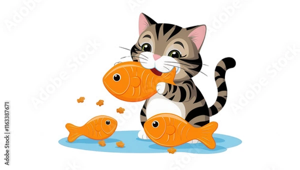 Fototapeta Playful cat catches colorful fish underwater scene illustration whimsical environment