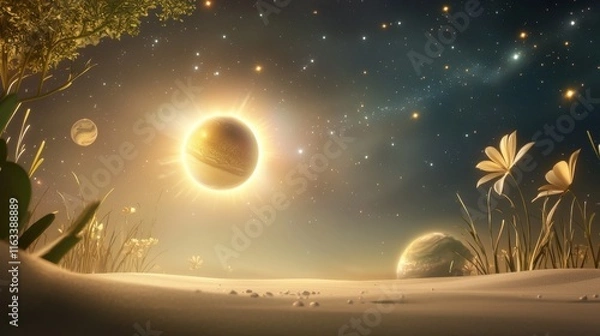 Fototapeta A 3D rendered space scene with planets, stars, and a glowing galaxy.