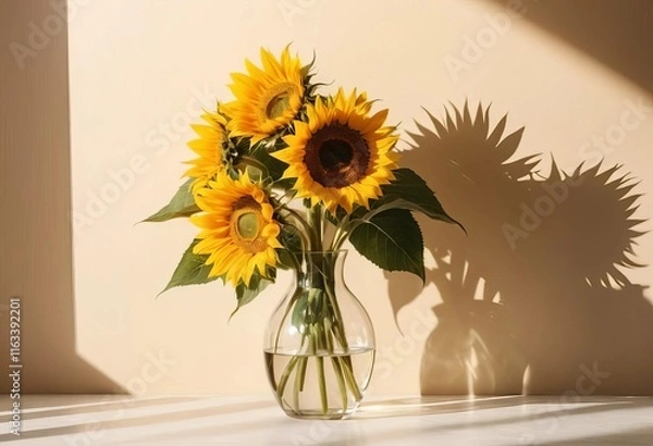 Fototapeta A close-up of a vase of sunflowers on a sunny day with shadows on the wall behind it