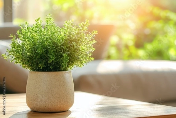 Fototapeta Lush Green Indoor Plant in a Simple Pot on a Wooden Table with Soft Sunlight and Blurred Background of a Cozy Living Room Setting