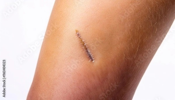 Fototapeta macro image of a scar on the thigh caused by a skateboarding accident, showing detailed healing stitches and precise scar texture in isolated white background
