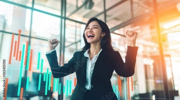 Fototapeta A woman in a business suit is smiling and raising her hands in the air. Generative AI