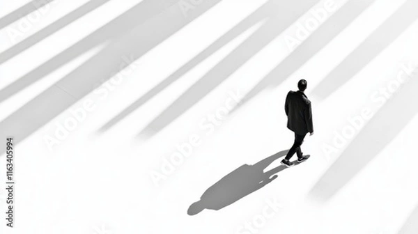 Obraz Create an overhead image of a single person walking diagonally across a white background, their long shadow forming sharp, graphic lines for a minimalist editorial 