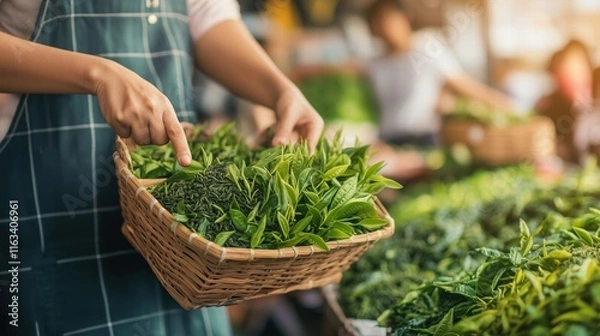 Fototapeta Close-up of hand pointing at fresh green tea leaves in a wicker basket, showcasing organic produce, sustainable farming, eco-friendly trade, and healthy lifestyle in a vibrant market scene.