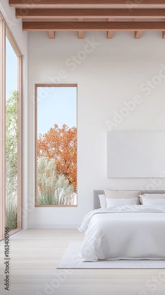 Fototapeta Minimalist bedroom with large windows showcasing autumn foliage in bright daylight