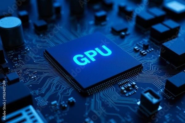 Fototapeta Neon GPU Graphic Processing Unit on Circuit Board in Dark Setting