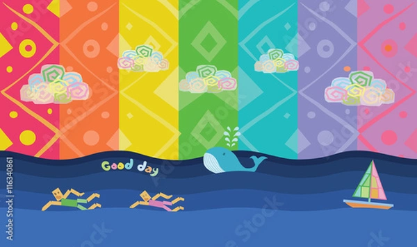 Fototapeta Sporting men swimming in the sea. Abstract cartoons rainbow colors background with , cloud, sailing boat and whale. Abstract design exotic bohemian style. Environment for earth day.  
