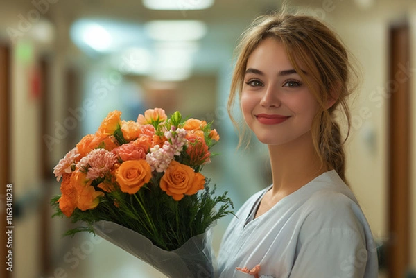 Obraz A woman is holding a bouquet of flowers and smiling. Generative Ai.